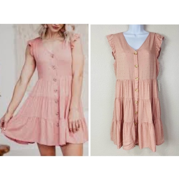 Sweet Wander Swiss Dot Tiered Blush Dress Size L - Picture 1 of 13